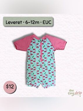 Pink Flamingo Short-Sleeve Baby Swim Romper (Size 6-12m)